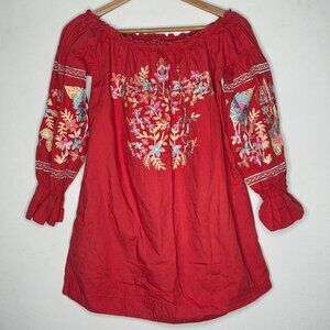 Free People Red Fleur Du Jour Embroidered Mini Off the Shoulder Dress size XS